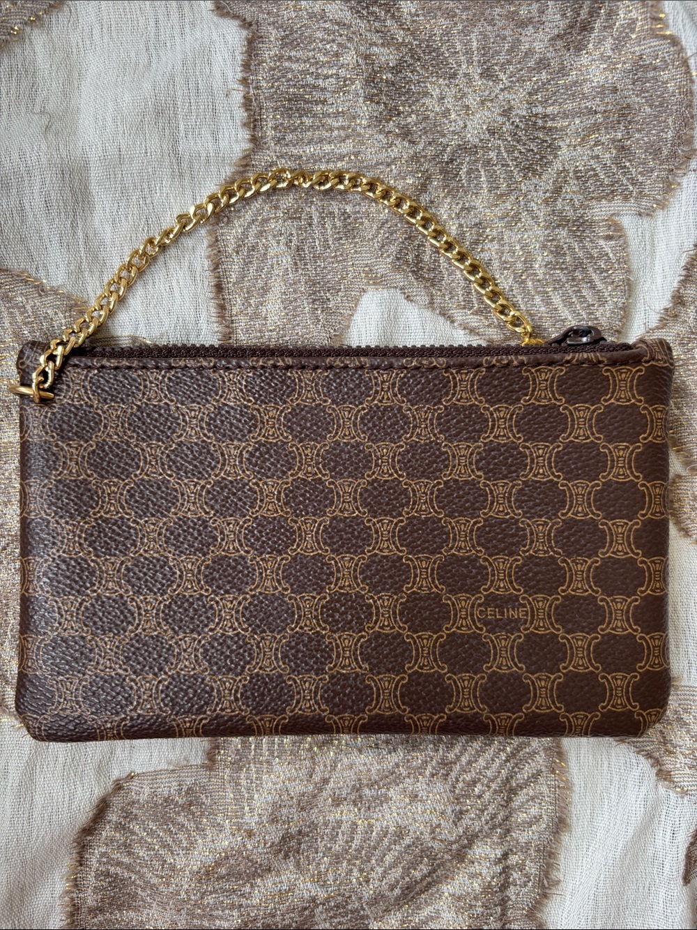 Celine Brown Logo-Print Leather Wristlet w/ Gold Tone Chain & Clover Charm - Picture 6 of 15